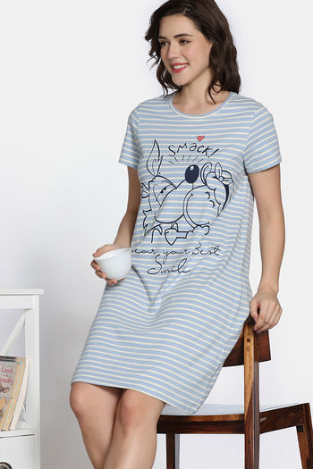 Buy Zivame Farm Lore Knit Cotton Knee Length Nightdress - Sky Blue